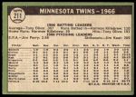 1967 Topps #211  Twins Team<br />B67T 14 6121<br /><a class='button AddToCart' data-ajax='true' data-ajax-mode='replace' data-ajax-update='#cart-info' href='/AddToCart?itemId=7072925&quantity=1&type=0'>Add To Cart</a>