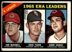 1966 Topps #222  -  Eddie Fisher / Sam McDowell / Sonny Siebert AL ERA Leaders<br />B66T 14 6581<br /><a class='button AddToCart' data-ajax='true' data-ajax-mode='replace' data-ajax-update='#cart-info' href='/AddToCart?itemId=7073453&quantity=1&type=0'>Add To Cart</a>