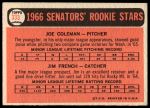 1966 Topps #333  -  Joe Coleman / Jim French Senators Rookies<br />B66T 14 7491<br /><a class='button AddToCart' data-ajax='true' data-ajax-mode='replace' data-ajax-update='#cart-info' href='/AddToCart?itemId=7074766&quantity=1&type=0'>Add To Cart</a>