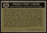 1961 Topps #383  -  Mike McCormick/ Jack Sanford / Billy ODell Frisco First Liners<br />B61T 15 2306<br /><a class='button AddToCart' data-ajax='true' data-ajax-mode='replace' data-ajax-update='#cart-info' href='/AddToCart?itemId=7077194&quantity=1&type=0'>Add To Cart</a>