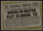 1961 Topps #403  Baseball Thrills - 26 Inning Tie<br />B61T 15 2410<br /><a class='button AddToCart' data-ajax='true' data-ajax-mode='replace' data-ajax-update='#cart-info' href='/AddToCart?itemId=7077299&quantity=1&type=0'>Add To Cart</a>